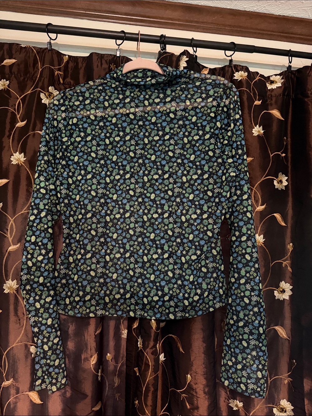 Sheer Floral Long-Sleeve Top - Black and Blue